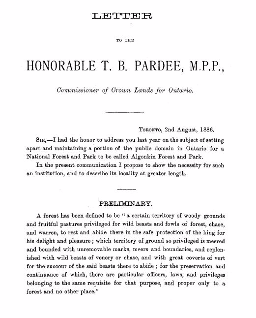 Letter from Algonkin Forest and Park Letter from Algonkin Forest and Park