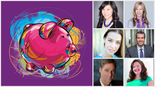 Left to right, top to bottom: Personal Finance piggy bank, Melissa Leong, Kelley Keehn, Kerry Taylor, Dan Bortolotti, David Trahair, and Gail Vaz-Oxlade.