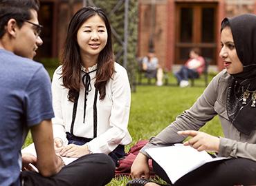 A group of students talking to each other on the lawn