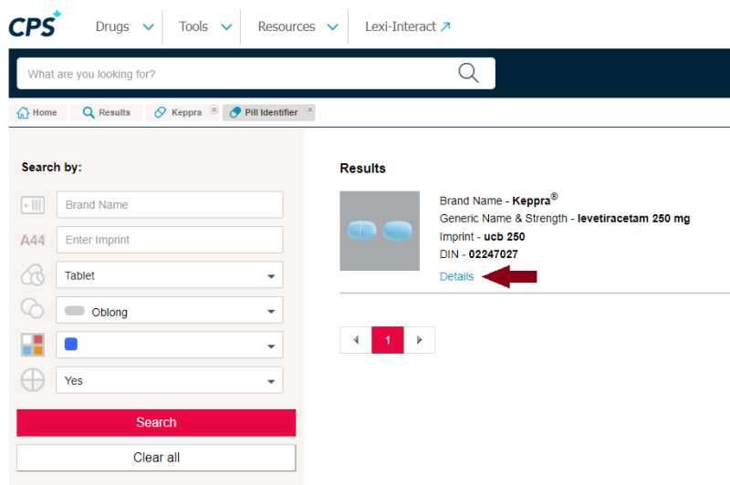 Image of search using pill identifier tool