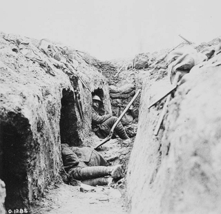 A trench on the Canadian front showing "funk holes" 