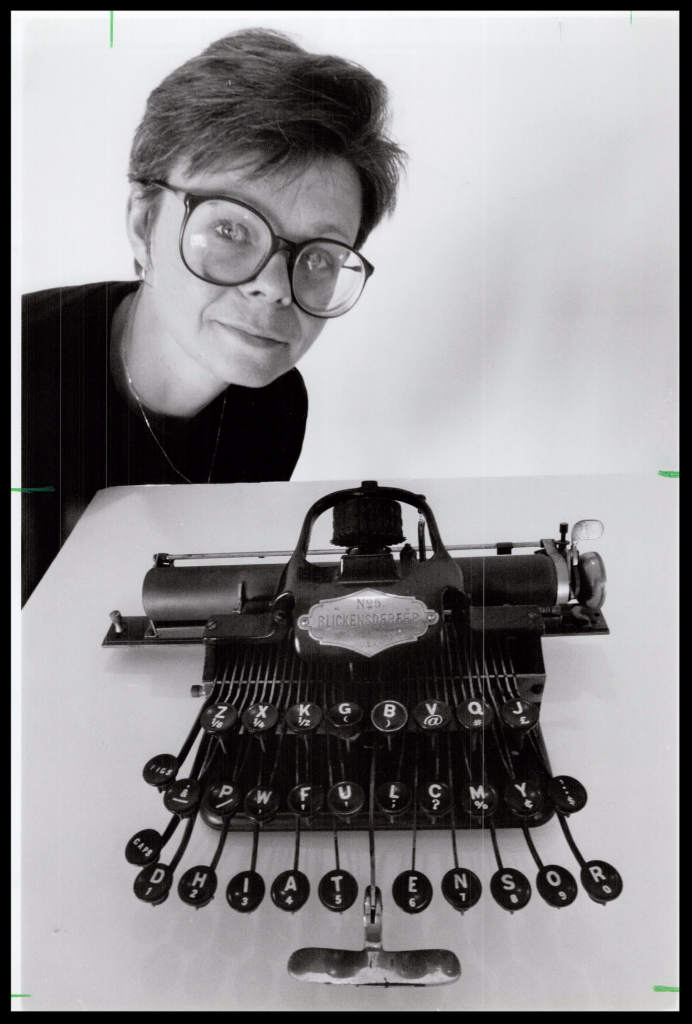 Sandy Lucs, curator at the Halton Regional Museum, shows off the Blickensderfer portable typewriter