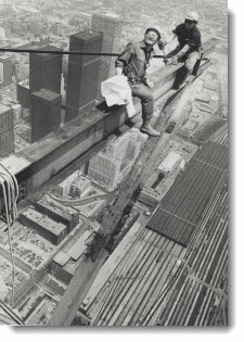Workmen erecting the steel base for the new Top of Toronto restaurant at the Sky Pod level last year grinned back at photographer Spremo balanced on a steel girder just above them, 1974