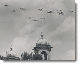 Zooming in formation over the C.N.E., the famed R.A.F. Dambuster squadron which blasted vital German Mohne and Eder dams, thrilled Canadians Tuesday
