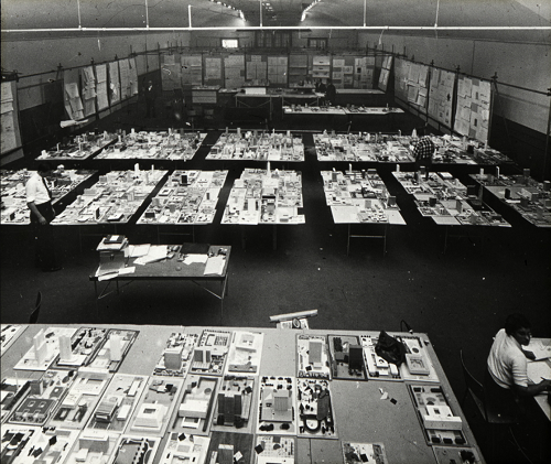 Architectural models at Horticultural Building, City Hall and Square Competition, Toronto, 1958
