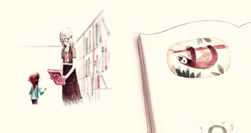 An image from the book "Sparky!" where a librarian lends a book on sloths to a young girl.