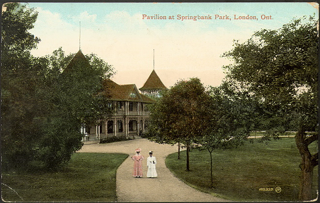 Illustrated postcard of two women walking in a manicured park