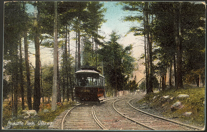 Illustrated postcard of a tram in the middle of a forested area