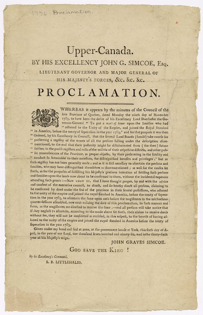 UEL land grants proclamation 1796