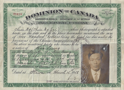 Chin Ng paid $500 Head Tax to join his father in Canada in 1918. The amount paid was sufficient to buy two houses at that time