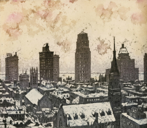 Image of city’s skyline looking southwest from north of St. Michael's Cathedral. Background is a wash of subtle warm colours. At the time, the skyline was dominated by the Canadian Bank of Commerce. To its right, you can see the Royal York Hotel.