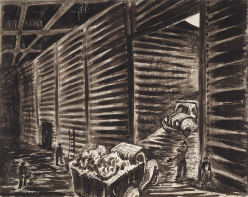 Dark image shows trucks underground transporting excavated material out of a tunnel while men direct. 