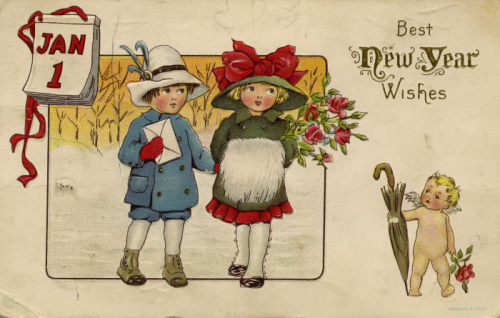 Cartoon boy and girl holding hands; Jan 1 on a calendar in the top left corner a small cherub offering an umbrella in the bottom right Cartoon boy and girl holding hands; Jan 1 on a calendar in the top left corner a small cherub offering an umbrella in the bottom right