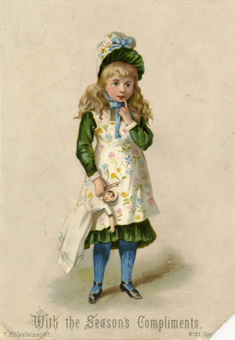 A young girl in a fancy outfit holds a doll against a blank background A young girl in a fancy outfit holds a doll against a blank background