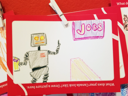 Robot holding a resume in front of a sign that says jobs Robot holding a resume in front of a sign that says jobs