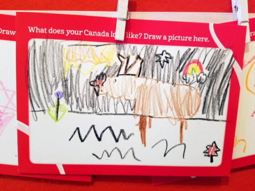 Crayon drawing of a moose in nature with a rainbow in the background Crayon drawing of a moose in nature with a rainbow in the background