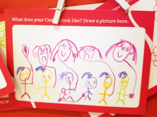 Crayon drawing of stick figure girls holding what appear to be balloons of faces with different expressions Crayon drawing of stick figure girls holding what appear to be balloons of faces with different expressions