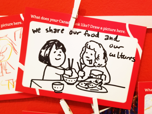 Ppen drawing of two women eating rice and fish with chopsticks and the words we share our food and our cultures Ppen drawing of two women eating rice and fish with chopsticks and the words we share our food and our cultures