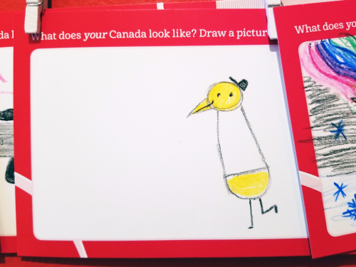 Crayon drawing of a bird like creature with a small black hat Crayon drawing of a bird like creature with a small black hat