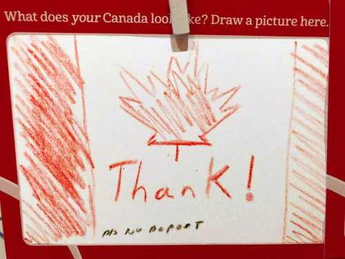 Crayon drawing of the Canadian flag with the words thanks please no deport Crayon drawing of the Canadian flag with the words thanks please no deport