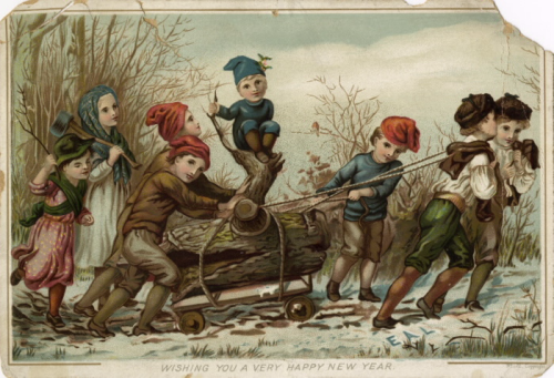 Eight children pulling a log on a cart with rope one of the girls carries a shovel Eight children pulling a log on a cart with rope one of the girls carries a shovel