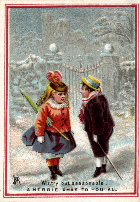 Two children in formal clothing stand on a snowy street Two children in formal clothing stand on a snowy street
