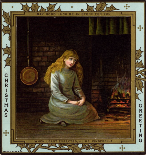 Square greeting card with the message inscribed on the border and an image of a solemn Cinderella sitting by a fire Square greeting card with the message inscribed on the border and an image of a solemn Cinderella sitting by a fire