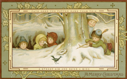 Five children playing in the snow one of them is eyeing a small bird with a crossbow Five children playing in the snow one of them is eyeing a small bird with a crossbow