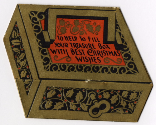 Card shaped like treasure chest printed in colours and gilt Card shaped like treasure chest printed in colours and gilt