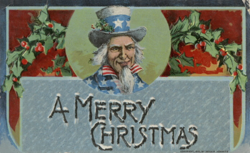Uncle Sam in a blue coat and hat ornamented with white stars holly leaves and other seasonal flourishes Uncle Sam in a blue coat and hat ornamented with white stars holly leaves and other seasonal flourishes