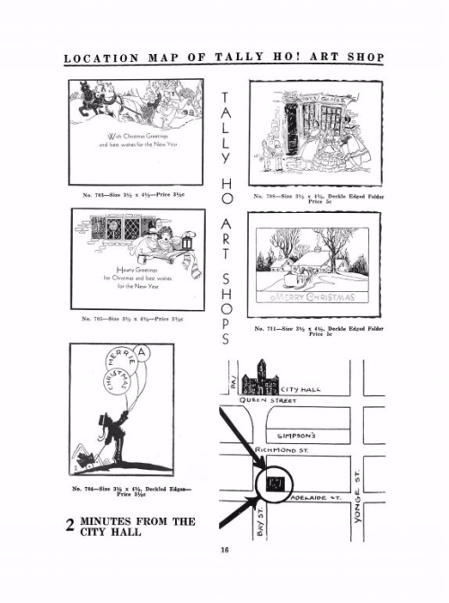 Black and white images of postcards from a catalogue along with a small map showing the store's location Black and white images of postcards from a catalogue along with a small map showing the store's location