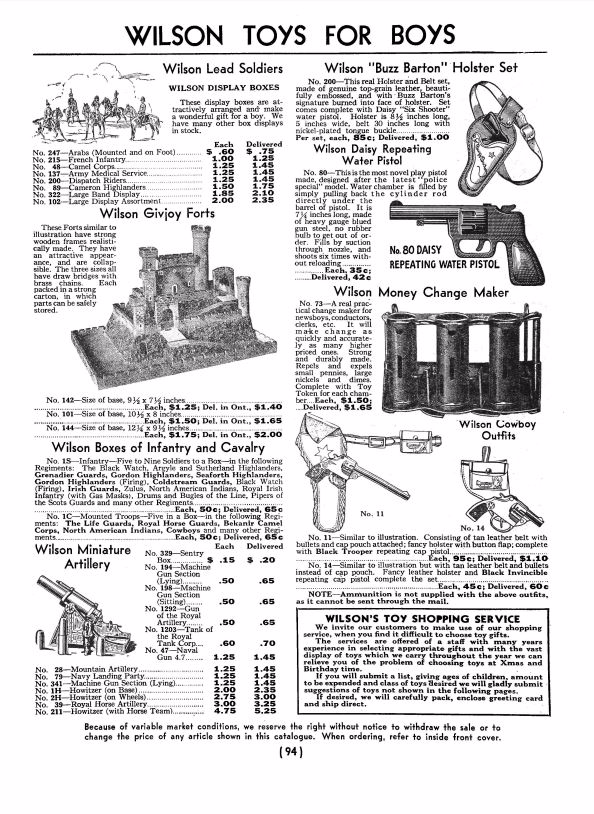 Catalogue items for boys  such as Wilson Miniature Artillery  cowboy outfits and Givjoy forts