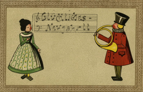 A female toy is singing the notes in German that read Happy New Year to a male toy who is playing a horn A female toy is singing the notes in German that read Happy New Year to a male toy who is playing a horn