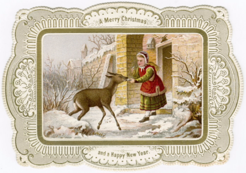 A decorative frame with an inset painting of a girl feeding a deer in the snow A decorative frame with an inset painting of a girl feeding a deer in the snow