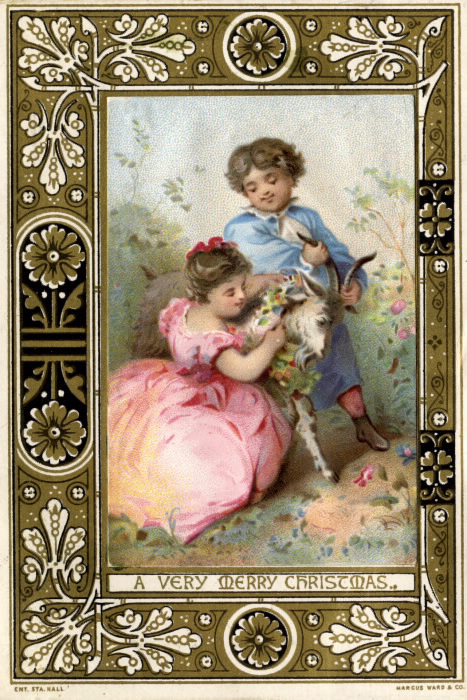 Two children adorn a goat with a wreath in the inset image bordered by a decorative pattern Two children adorn a goat with a wreath in the inset image bordered by a decorative pattern