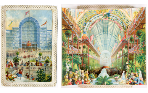 On the left is the closed card showing the outside of the building on the right is the same card opened to reveal a colourful interior the same building On the left is the closed card showing the outside of the building on the right is the same card opened to reveal a colourful interior the same building