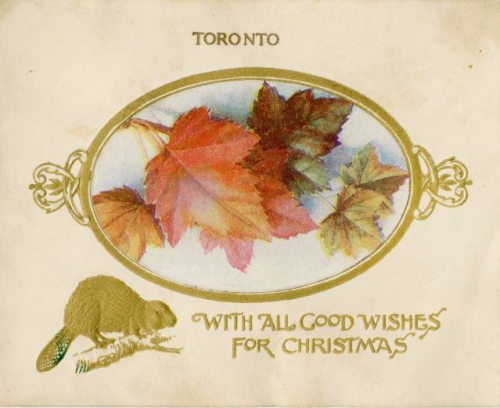 Illustration of maple leaves in an gold frame and a gold beaver in the bottom left Illustration of maple leaves in an gold frame and a gold beaver in the bottom left