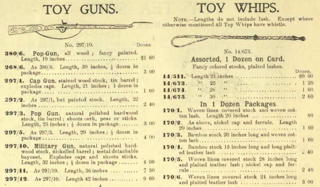 A catalogue list of toy guns and toy whips