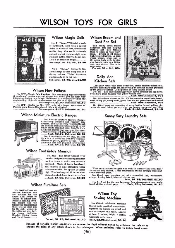 Catalogue items that are for girls  such as Wilson Minature Electric Ranges  Sunny Suzy Laundry Sets and a toy Sewing Machine