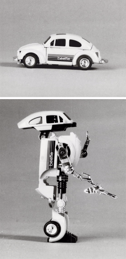 A small plastic car that transforms in to a standing robot