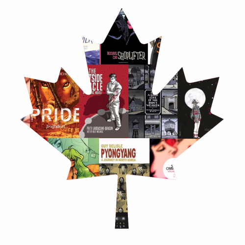 Graphic of maple leaf made out of comic covers