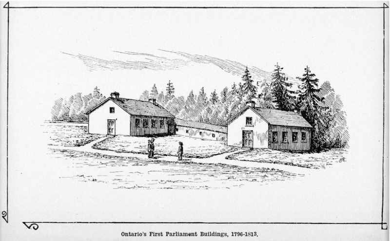Sketch showing two joined buildings next to trees and paths with figures on it