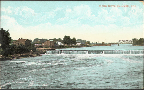 Illustrated postcard of wider river with a few buildings on the shore and a bridge in the distance