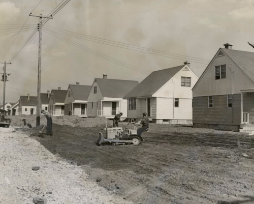Construction workers flatten ground for new houses