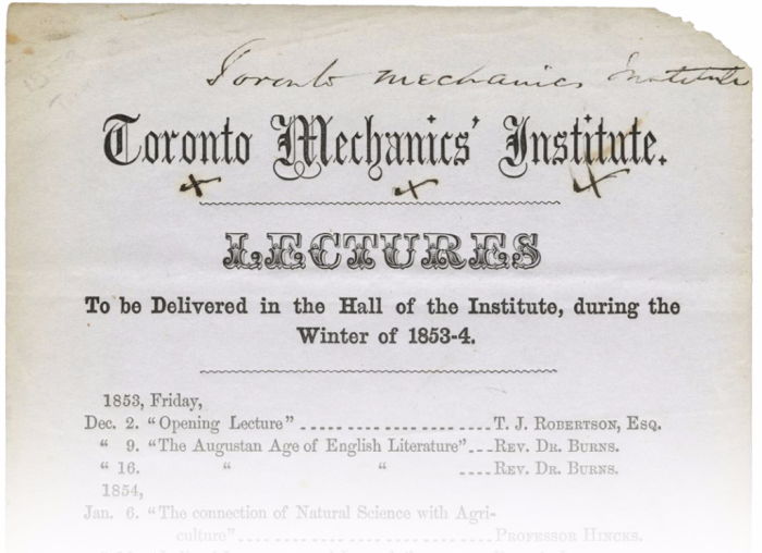 Old paper titled Toronto Mechanics' Institute and reads Lectures to be delivered in the hall of the Institute during the Winter of 1853-4 and then lists programs