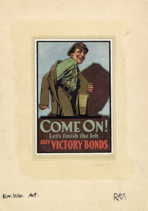 Poster in a frame, with a young man putting on uniform and reading Come On! Let's Finish the Job - Buy Victory Bonds Poster 1919