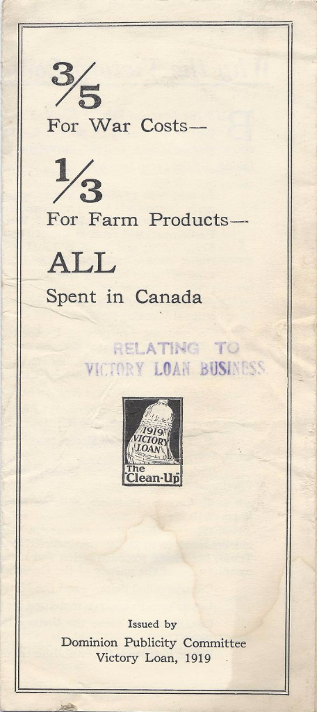 Wartime Canada: 1919 Peace and Another Victory Loan cover page with break down where funds go