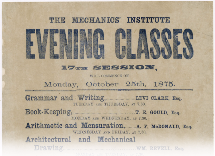 Yellowed paper with big letters reading Evening Classes and then a list of classes
