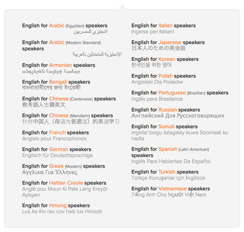 List of Mango Languages lessons for different mother tongues