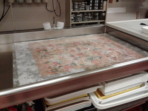 Poster in shallow bath in a conservation lab